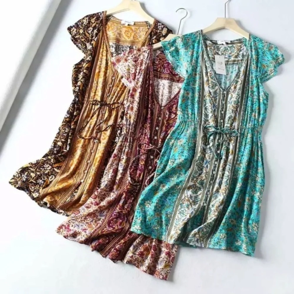 Bohemian Floral Print Teal Button Up Dress - Picture 5 of 5